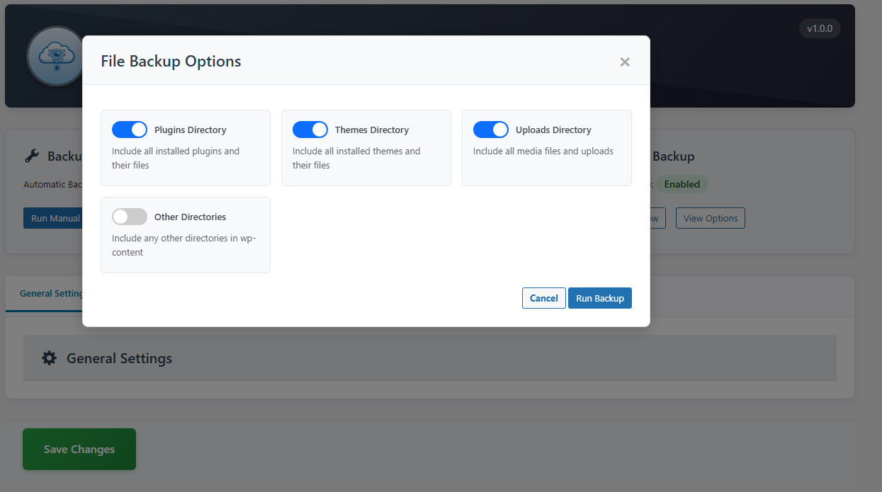 Backup Settings - Full customization of backup scheduling and settings